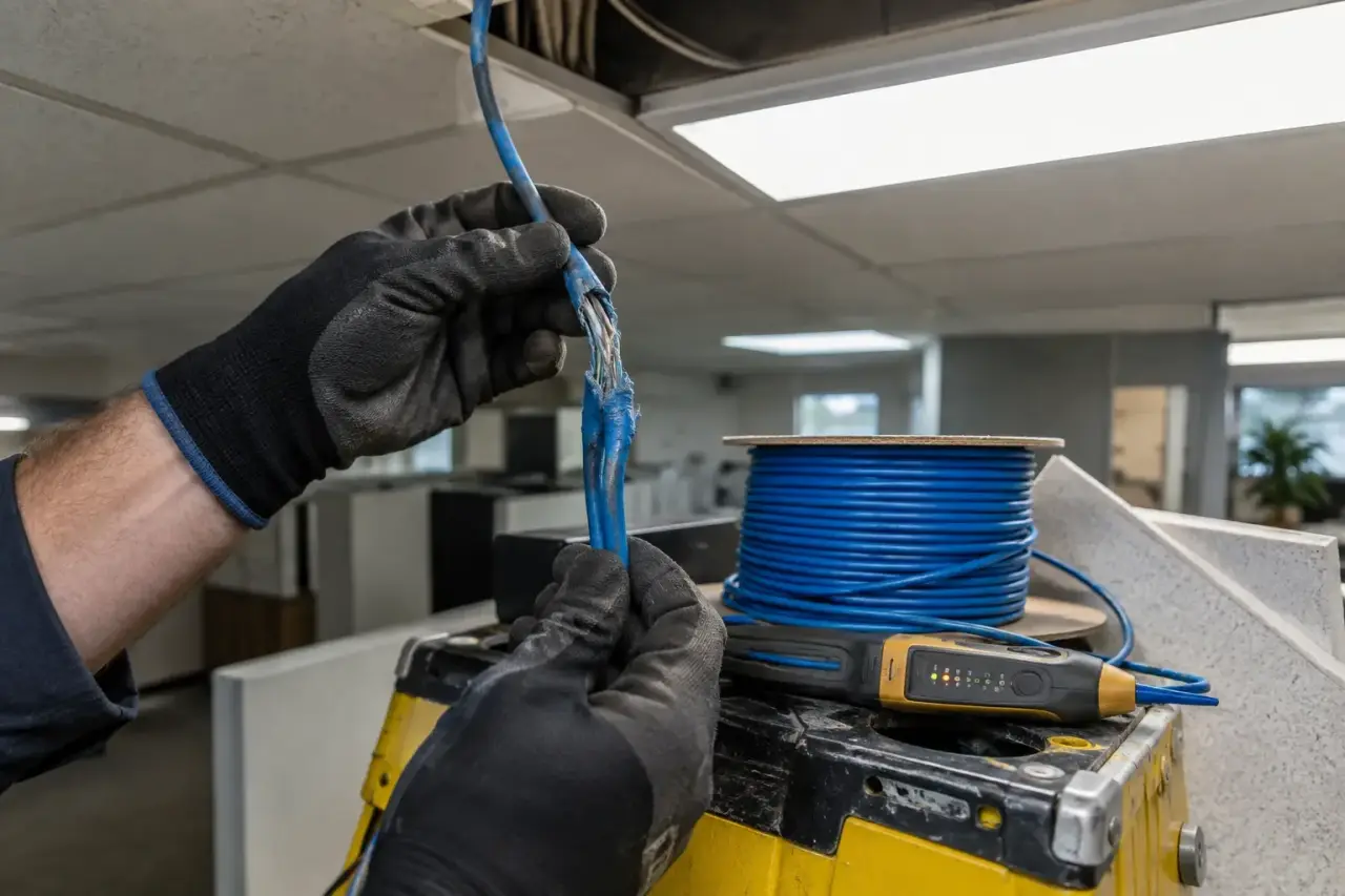 Gloved hands holding a crushed network cable beside a reel of new cable